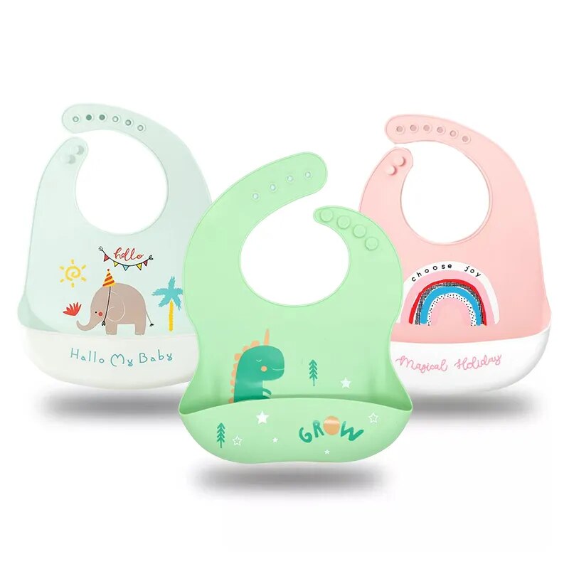 Cute Cartoon Baby Bibs Waterproof Silicone Bib Dinosaur Print Baby Feeding Bib Kids Girl Boy Adjustable Children Apron